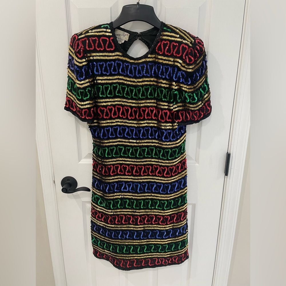 Jennifer Vintage Silk Multicolor Sequin Mini Dress Women’s Size L *Flaws*
